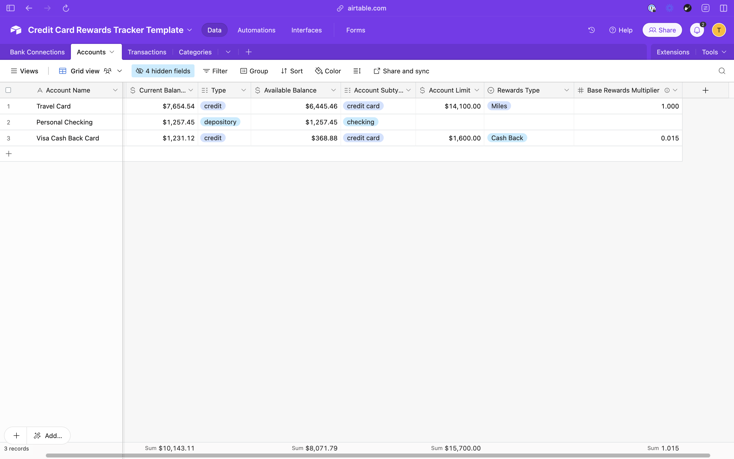 Screenshot of accounts in Airtable