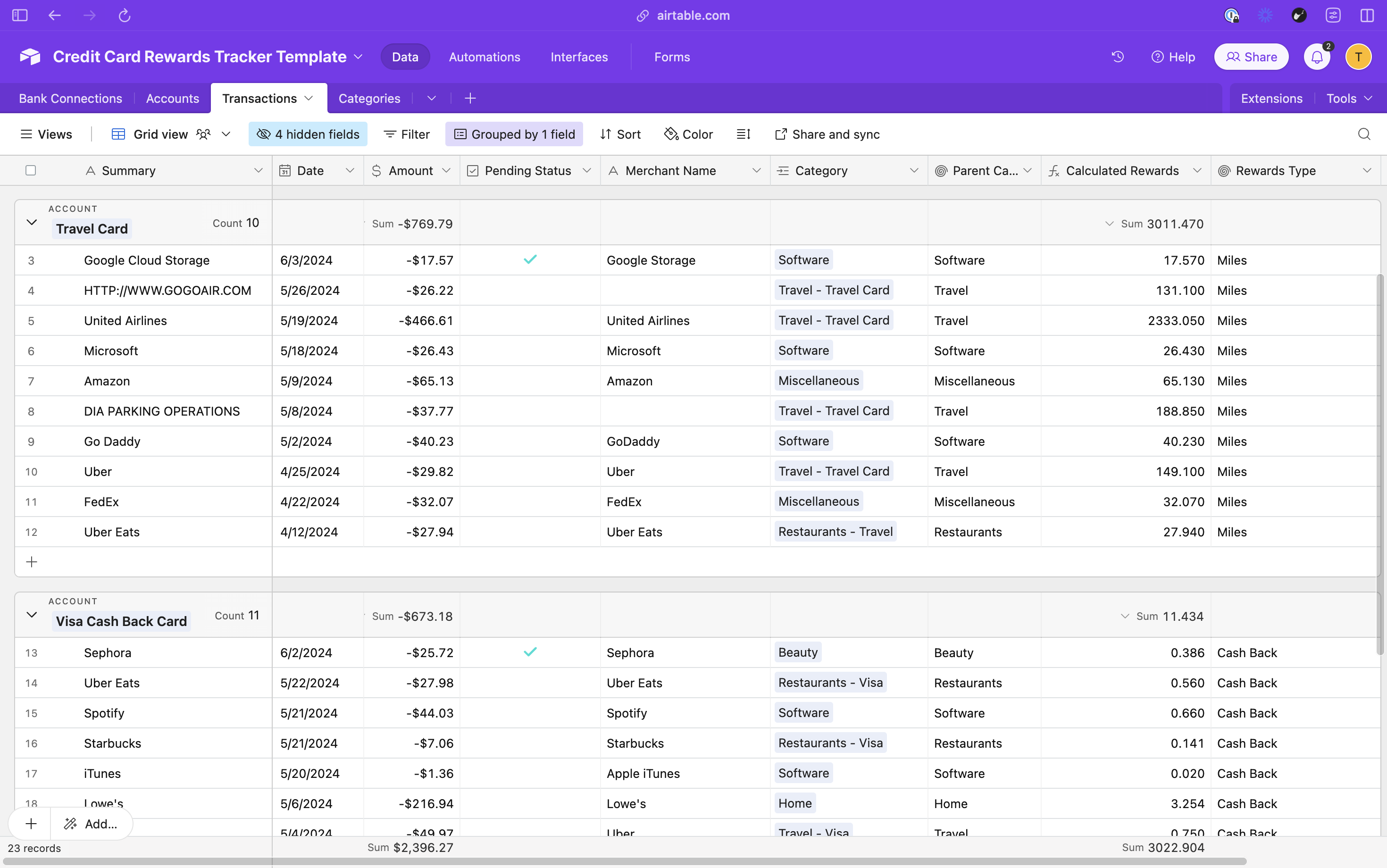 Screenshot of transactions in Airtable