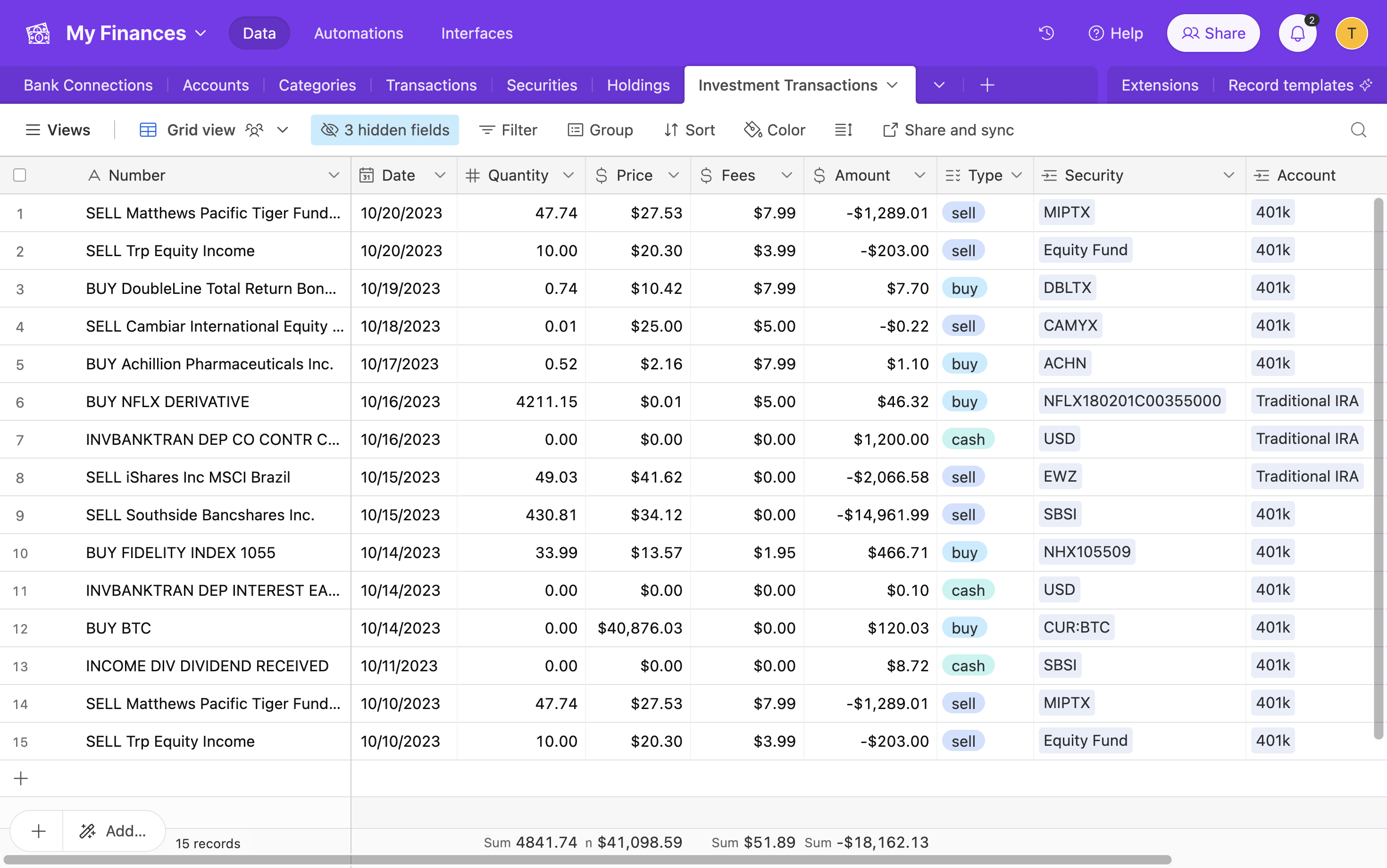 Screenshot of investment transactions in Airtable