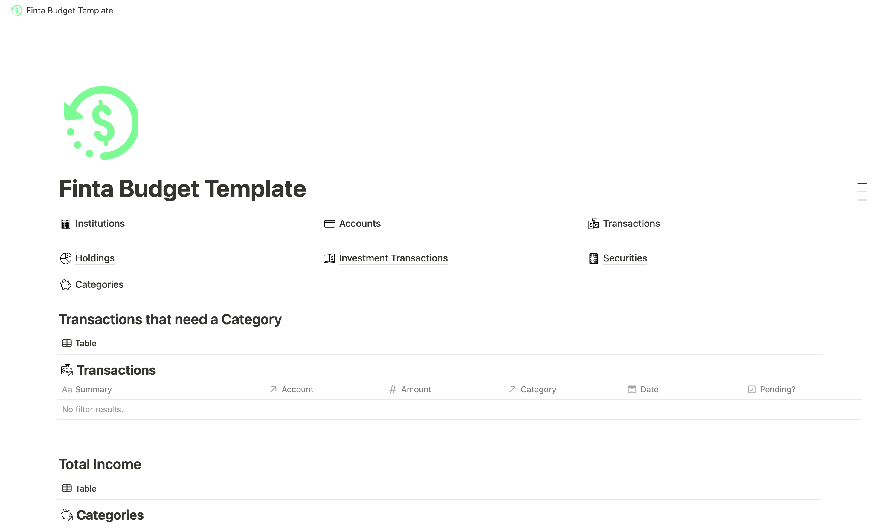 List of included tables in template