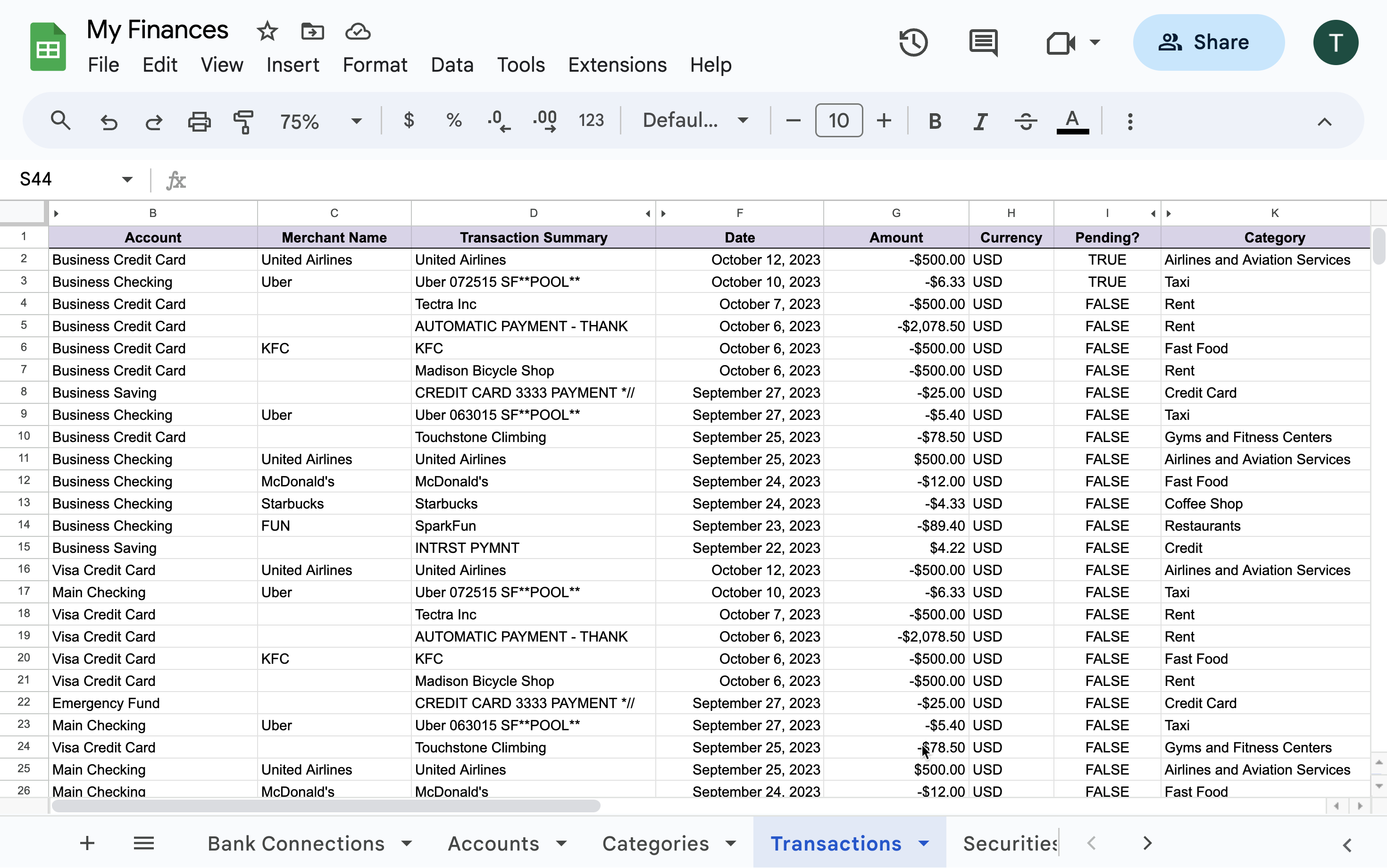 Screenshot of transactions in Google Sheets