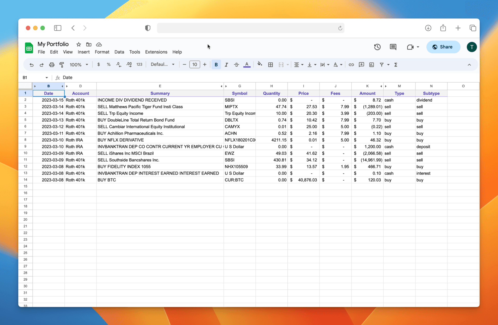 Investment transactions in Google Sheets