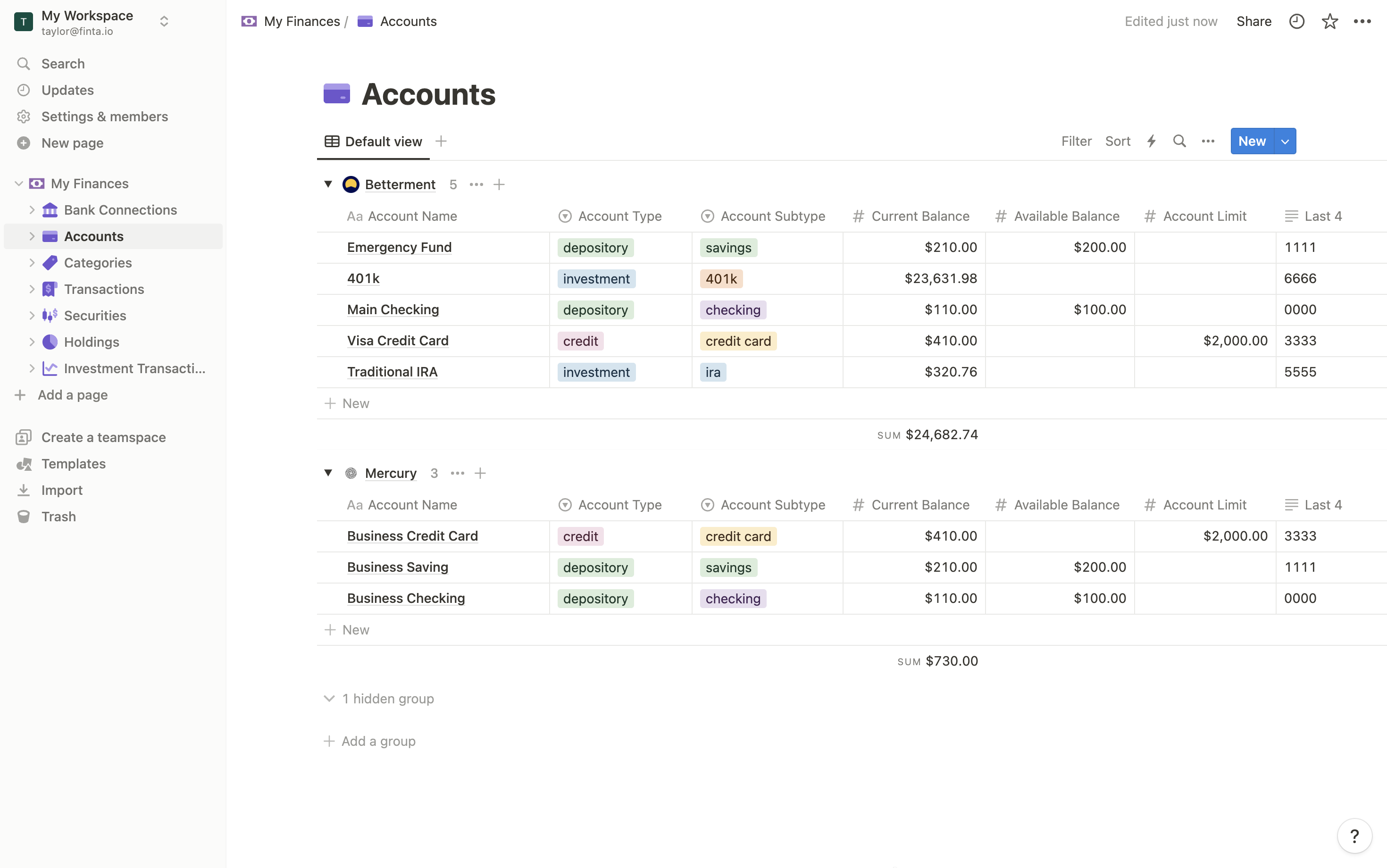 Screenshot of accounts in Notion