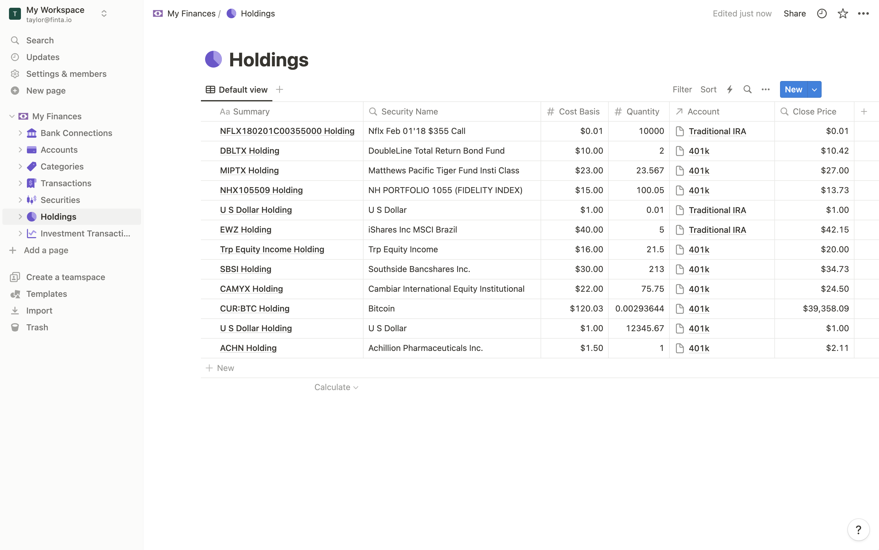 Screenshot of holdings in Notion
