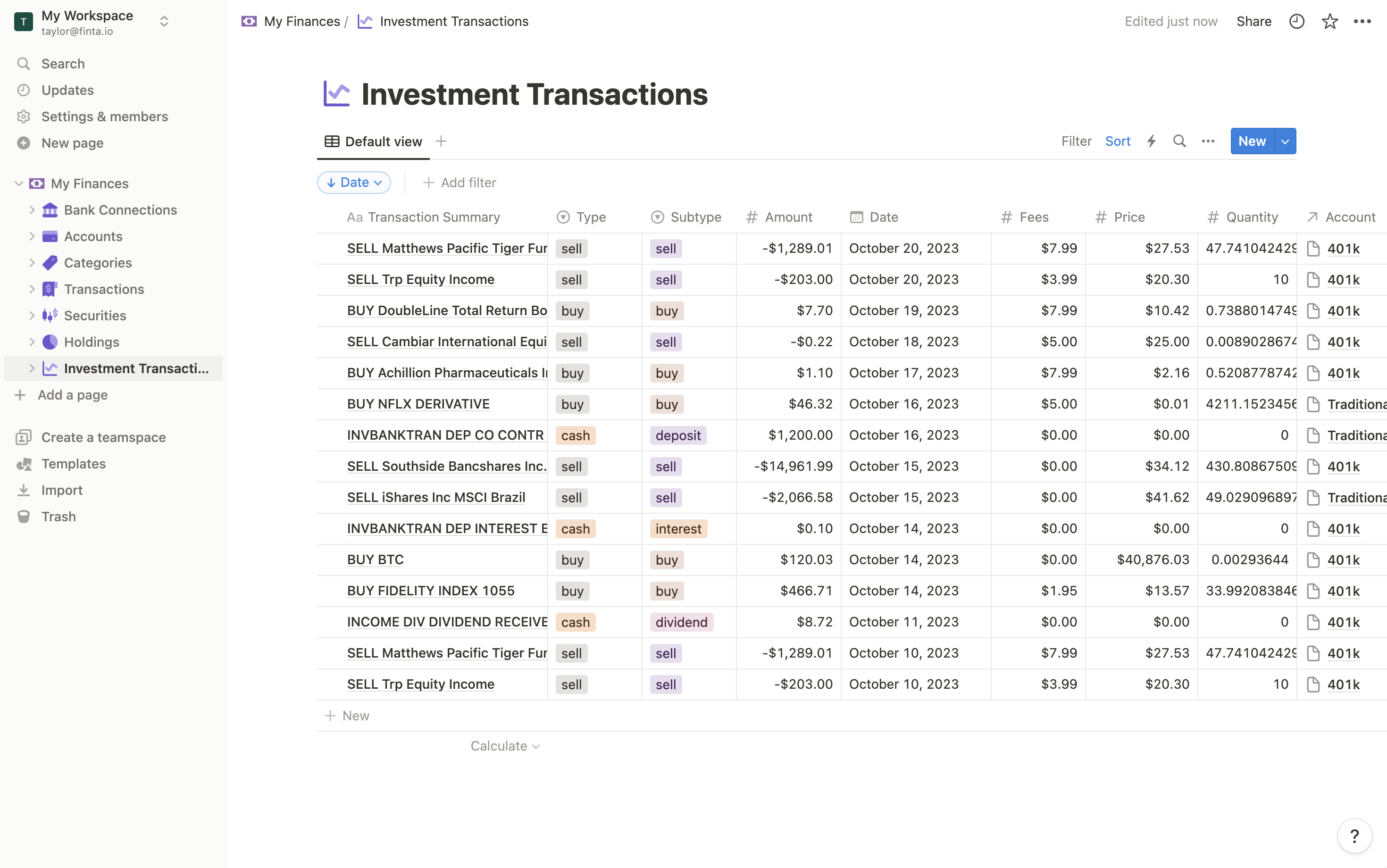 Screenshot of investment transactions in Notion