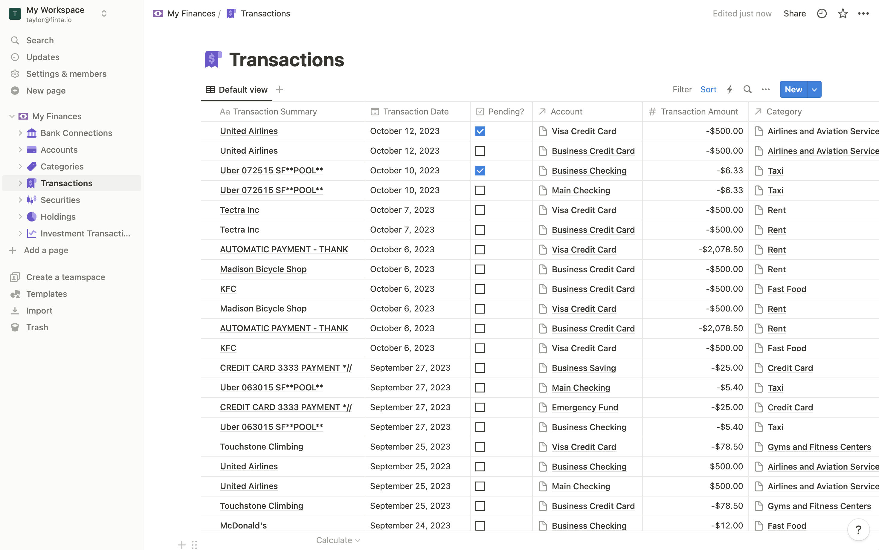 Screenshot of transactions in Notion