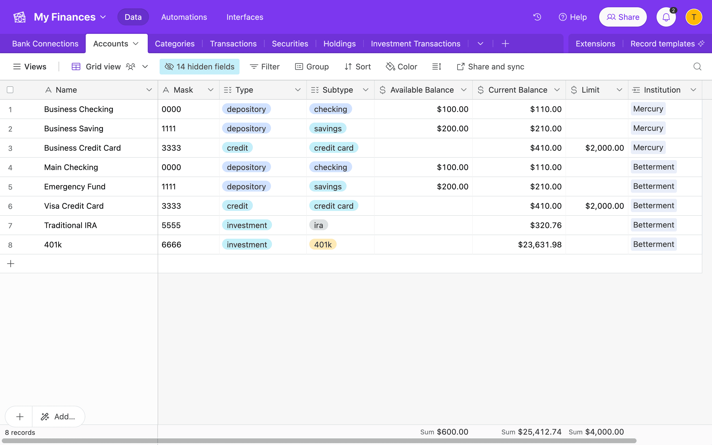 Screenshot of accounts in Airtable