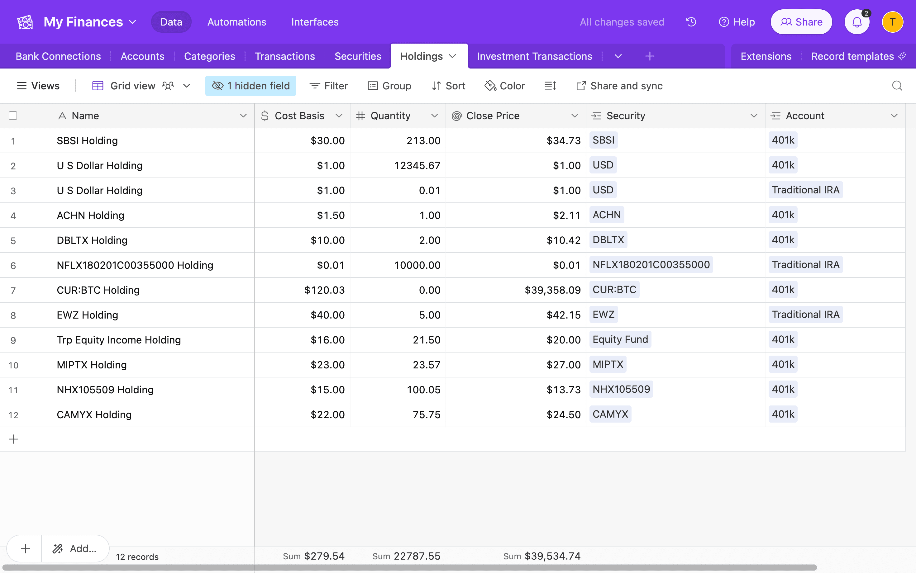 Screenshot of holdings in Airtable