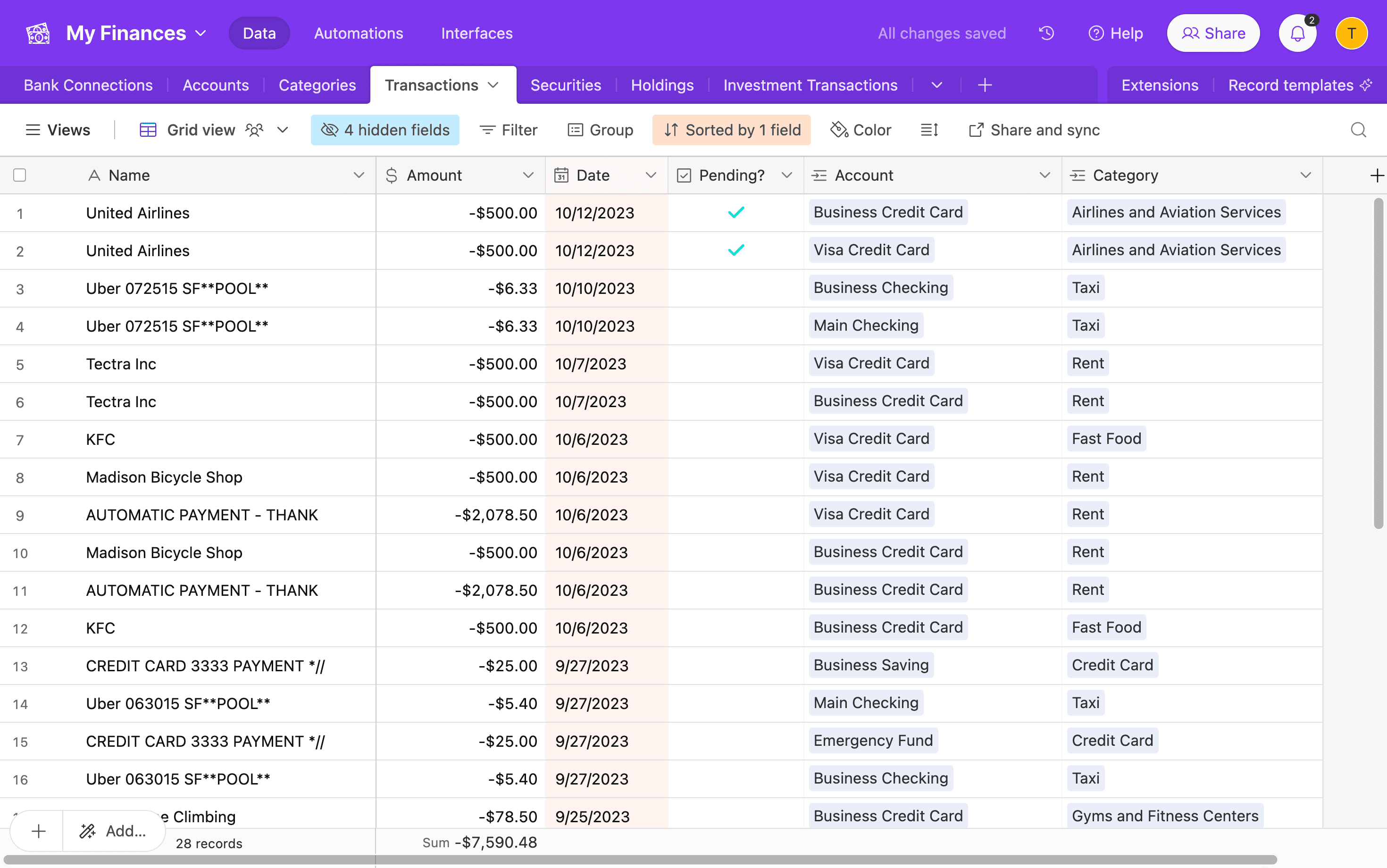 Screenshot of transactions in Airtable