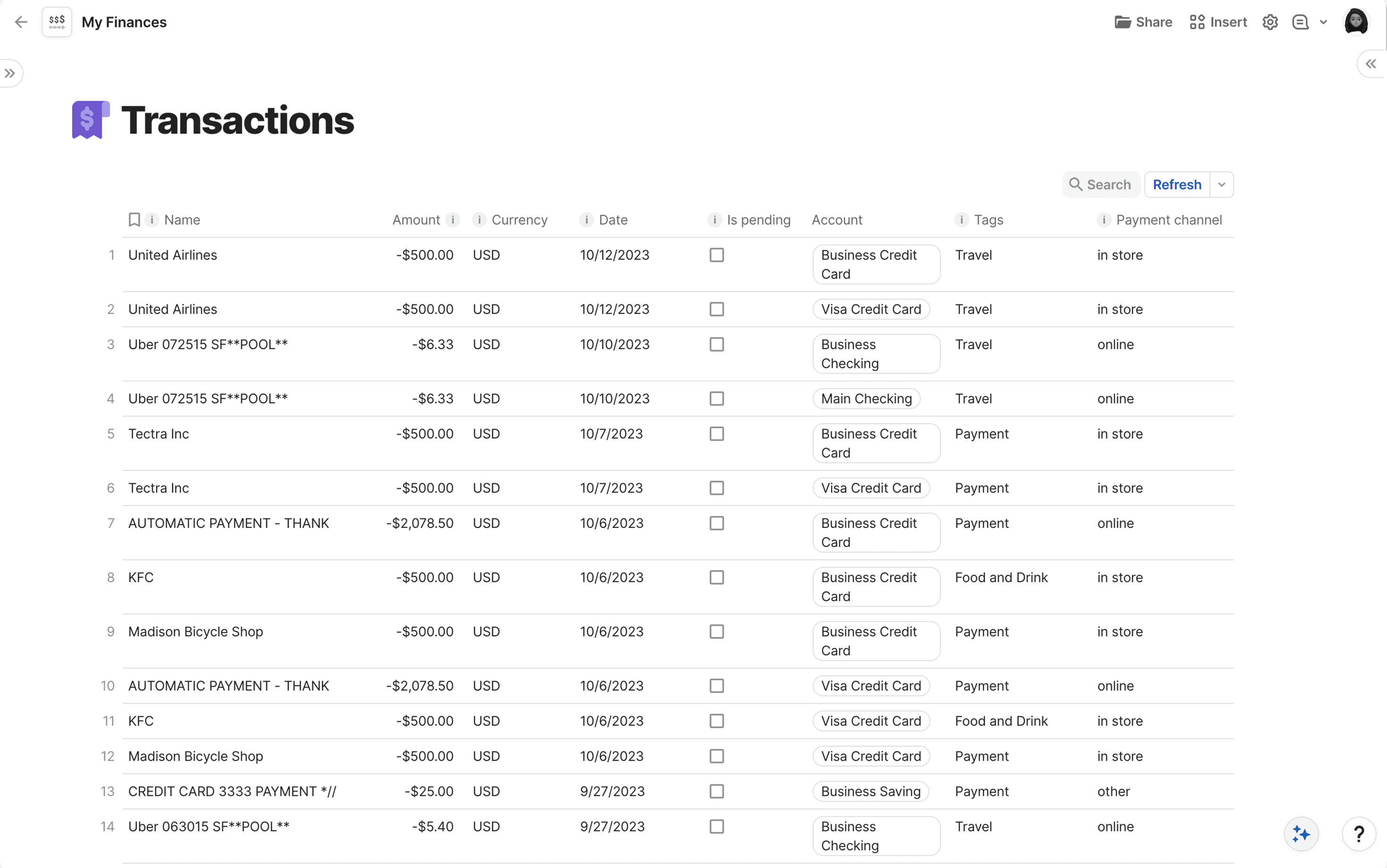 Screenshot of transactions in Coda