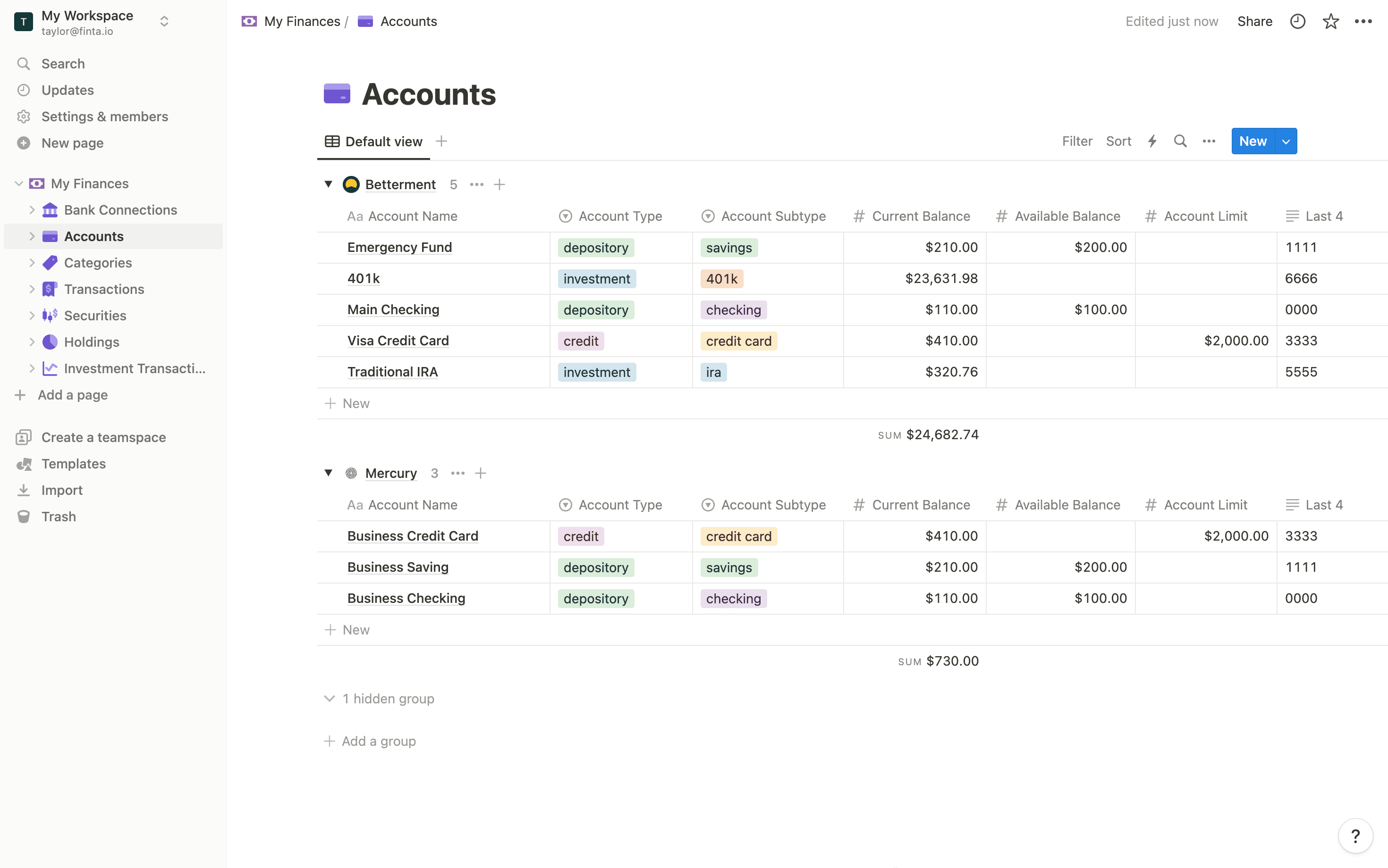 Screenshot of accounts in Notion